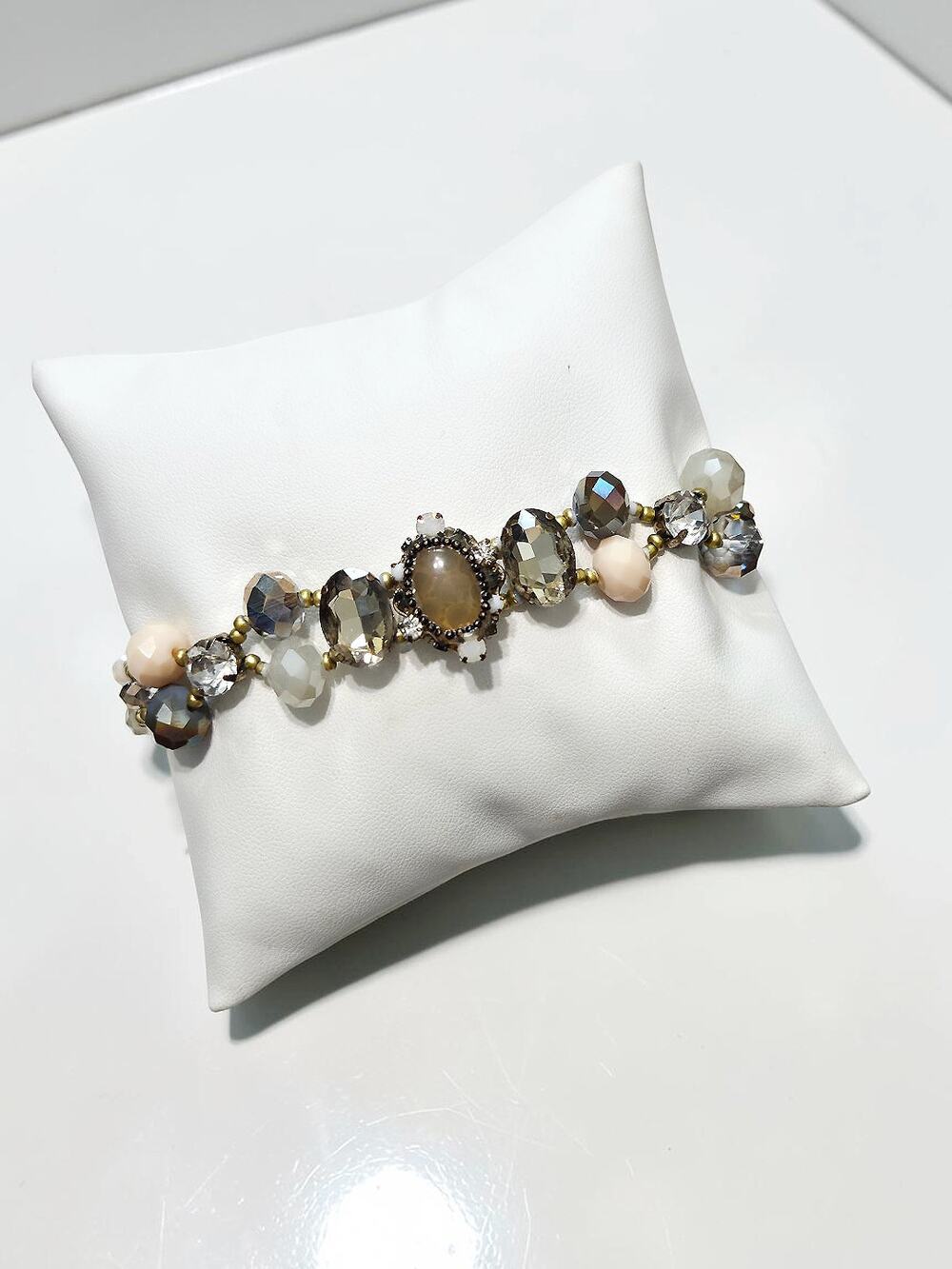 Faceted Crystal Beaded Statement Bracelet Blush Gold Tone Sparkle Cluster